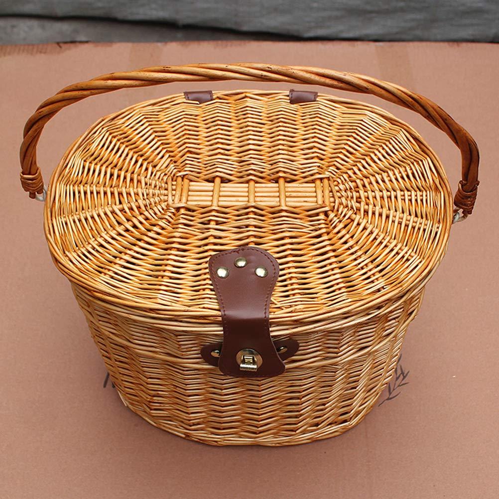 Bicycle Basket Wicker Front Handlebar Bike Basket Cargo Front Box with Lid and Handle for Dog Picnic