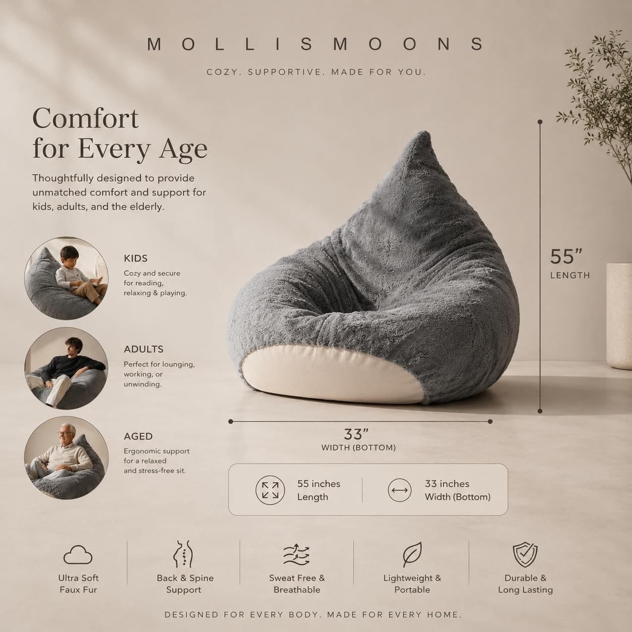 Mollismoons Luxury Faux Fur Bean Bag Chair Ultra Soft Cozy Seating for Study, Gaming & Work from Home, Ergonomic Back Support, Round & Teardrop, 55x33 Inch Grey (XXXL Bean Bag Cover Without Beans) 2