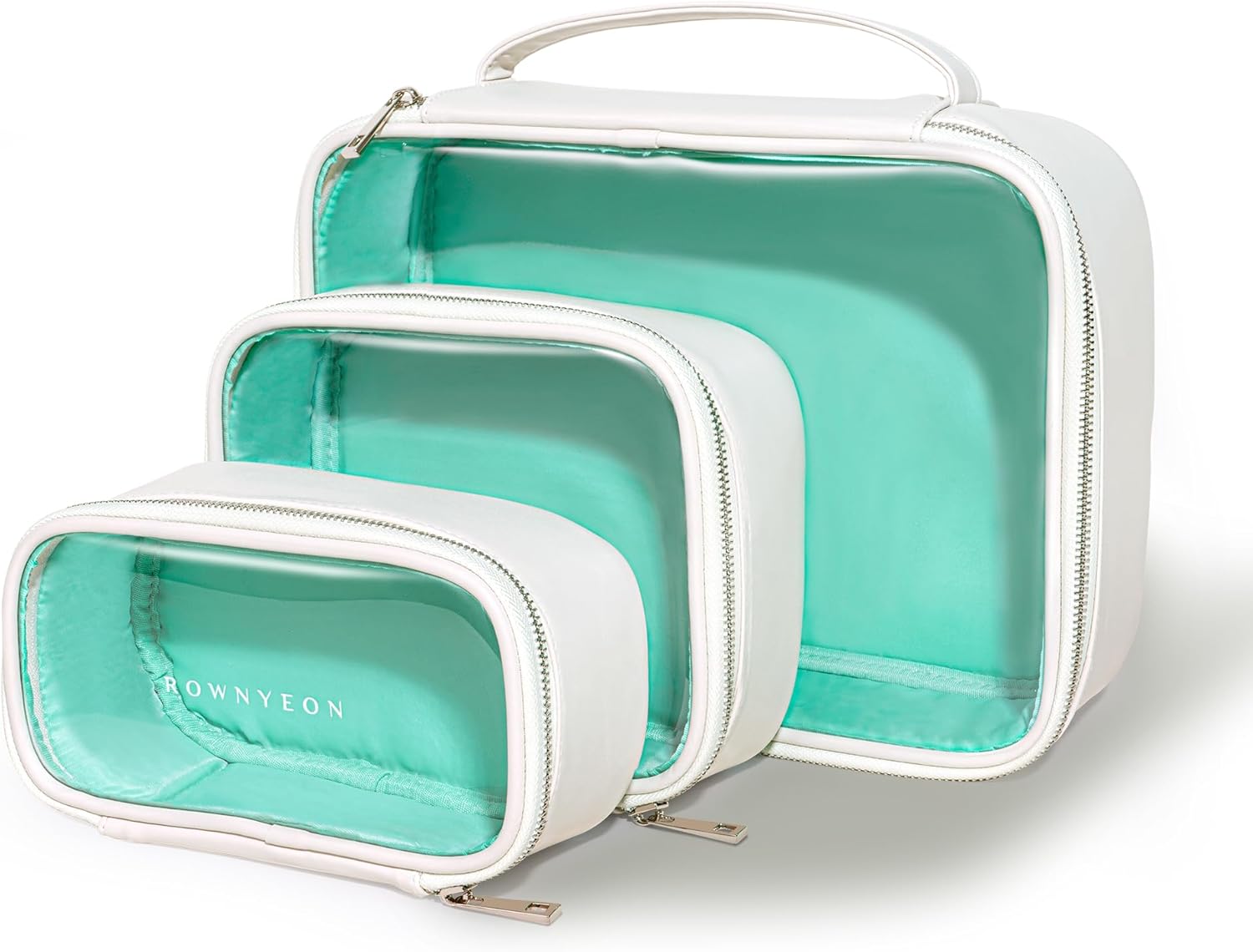 ROWNYEON 3-Piece Premium Cosmetic Organizer Set - Clear PVC & Faux Leather Storage Bags with Jewel-Tone Blue Lining, Waterproof Travel Toiletry Cases for Home/Carry-On (Jumbo/Medium/Mini)