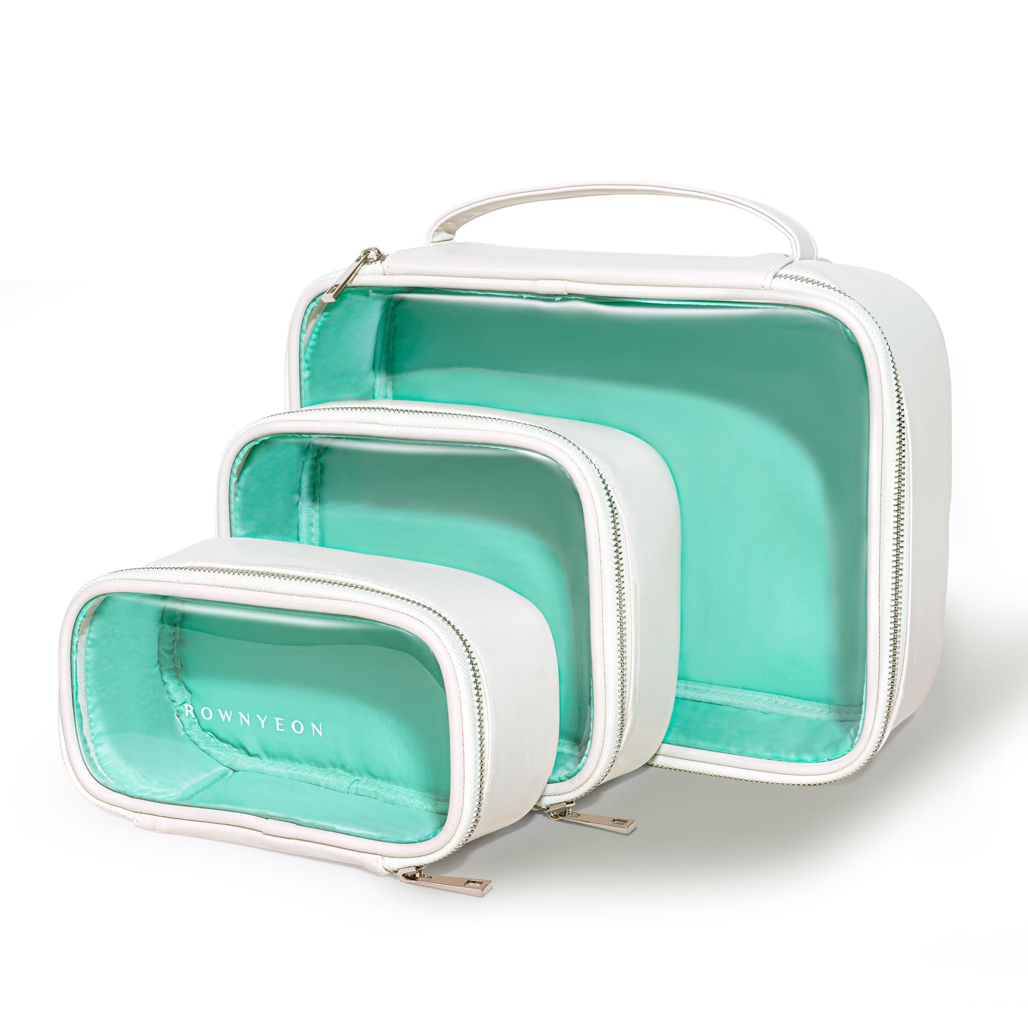 ROWNYEON 3-Piece Premium Cosmetic Organizer Set - Clear PVC & Faux Leather Storage Bags with Jewel-Tone Blue Lining, Waterproof Travel Toiletry Cases