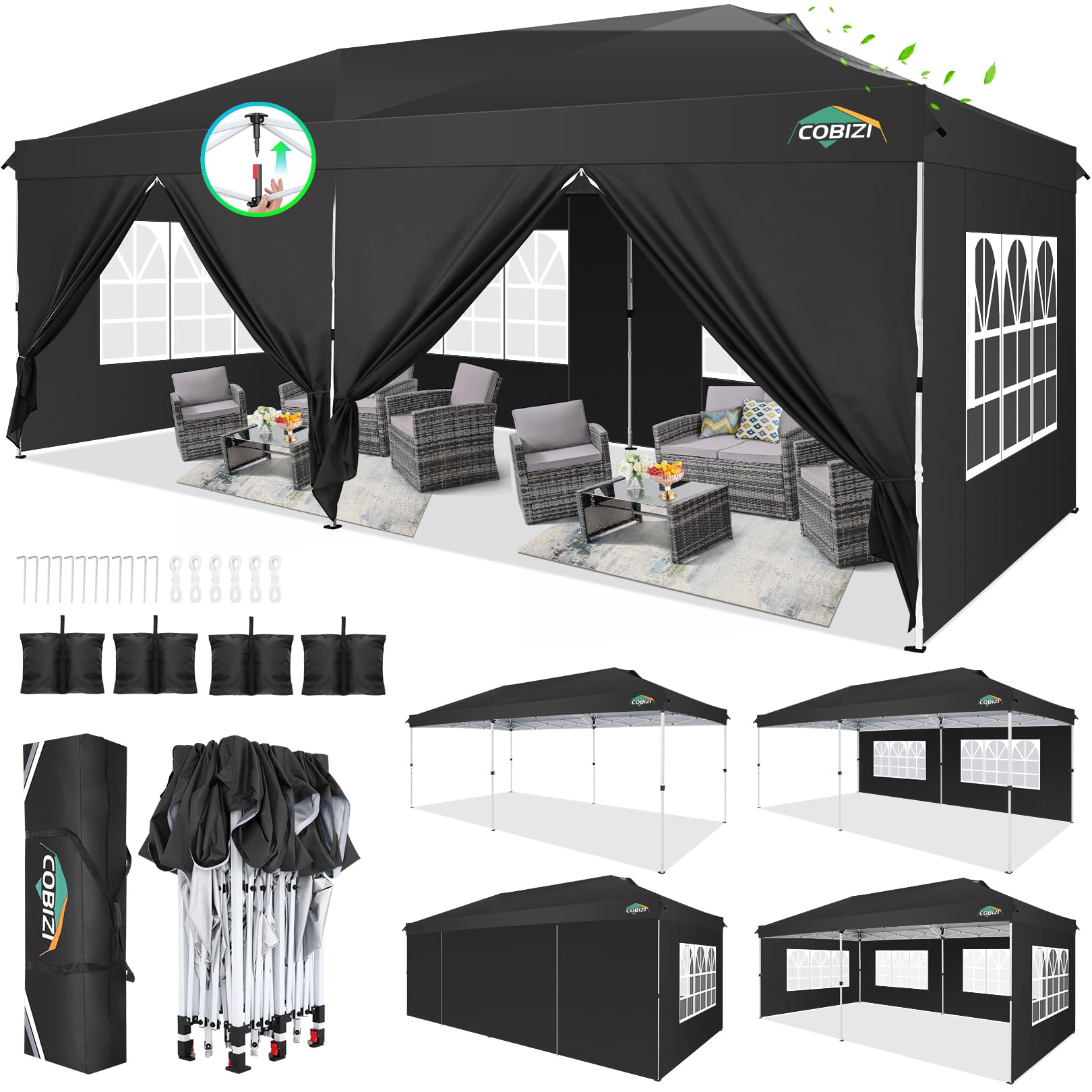 Photo 1 of [SLIGHTLY DIRTY] [MINOR DAMAGE] COBIZI 10x20 Pop Up Canopy Tent, One Push Easy Up Gazebo with 6 Removable Sidewalls & Air Vent, Waterproof UV50+ Commercial Canopy with 4 Sandbags, Stakes & Ropes for Parties/Wedding/Backyard, Black