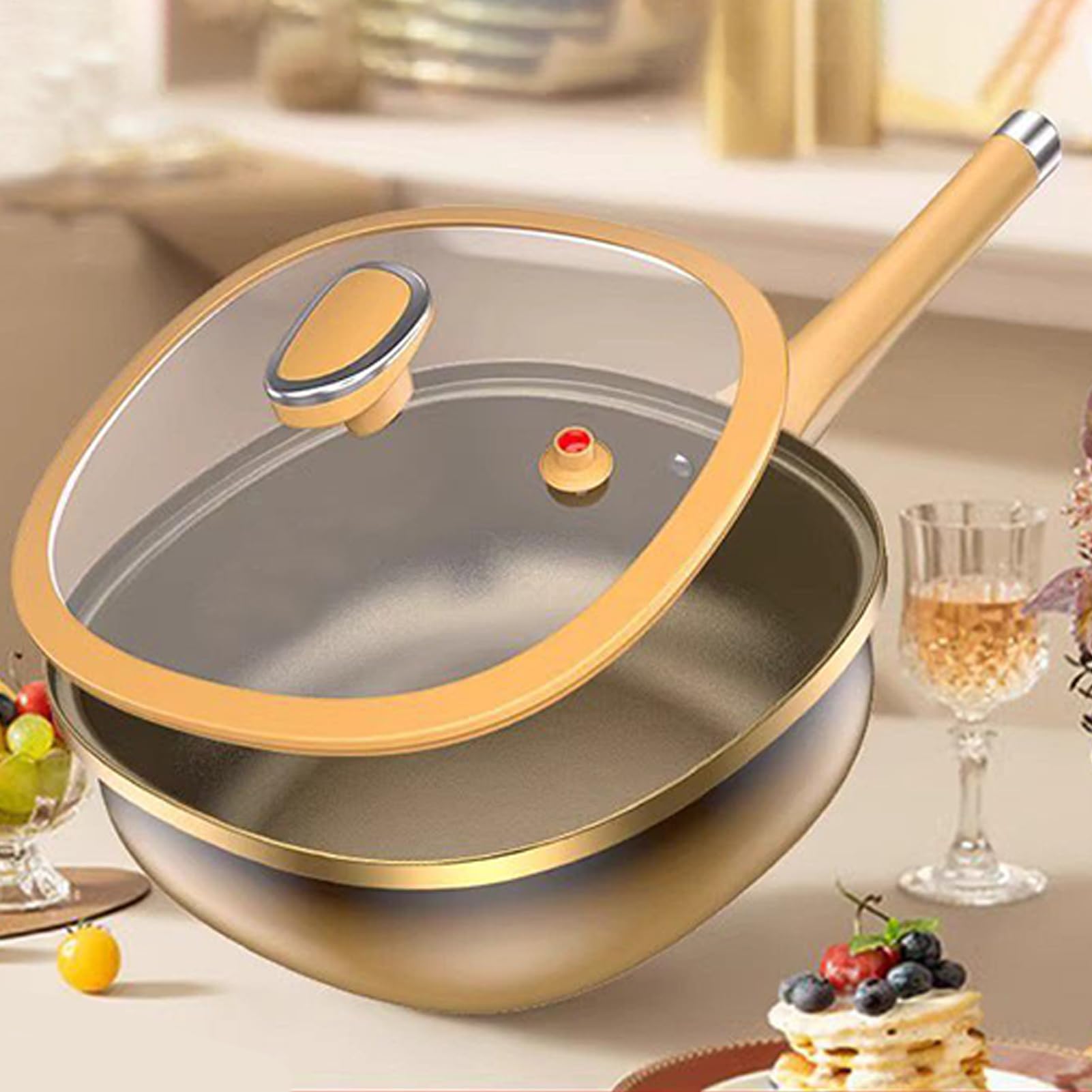 Pan De Titane, Poêles Profonde Antiadhésive Avec Couvercle, Résistante Aux Rayures, Pour Induction Cuisson Au Four Grill Camping Appartement