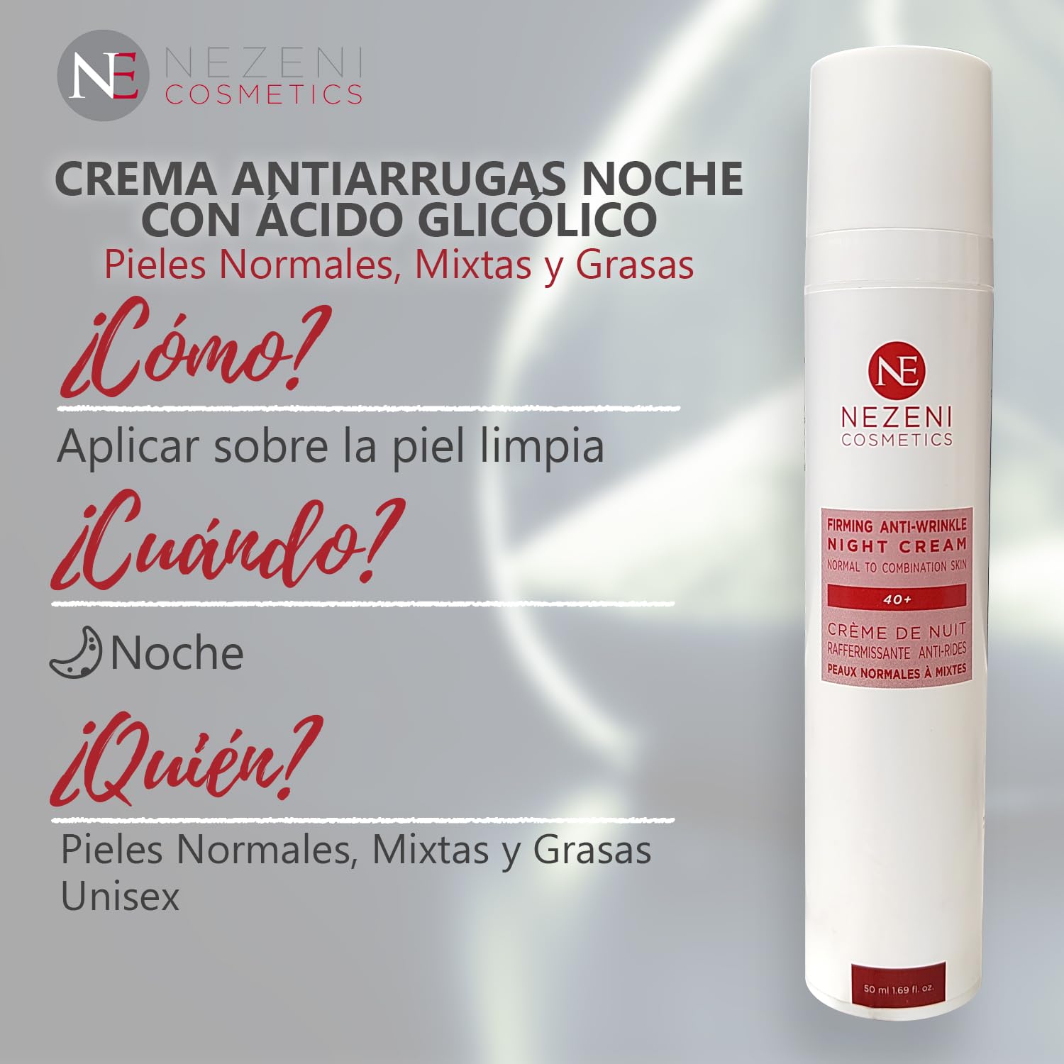 Nezeni Crema Noche AC. GLICÓLICO Antiarrugas Mujer/Hombre 25 Activos | Rellenador Arrugas Profundas | Crema Antiarrugas Noche Reafirmante Cara, Cuello y Escote | Piel Normal, Grasa y Mixta