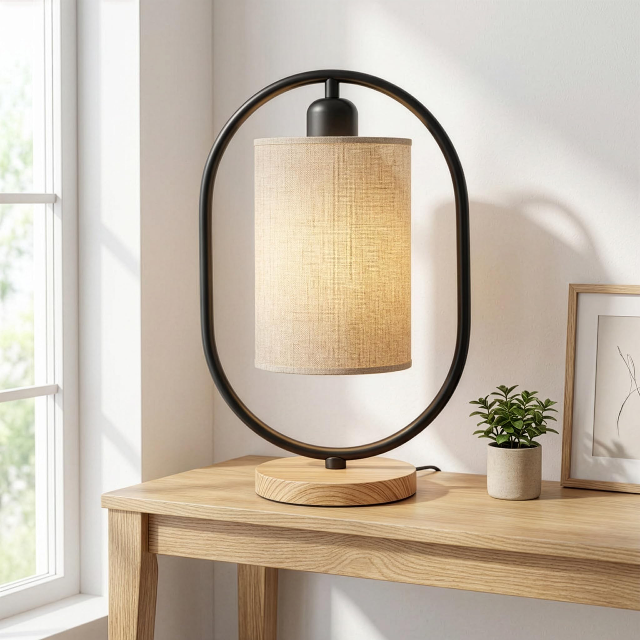 Decor & More - Bedside Lamp | Bed Lamps for Bedroom with On/Off Button | Table Lamps for Home Decoration | Side Table Lamp for Bedroom with Cotton Fabric Shade | Black (Bulb not Included)