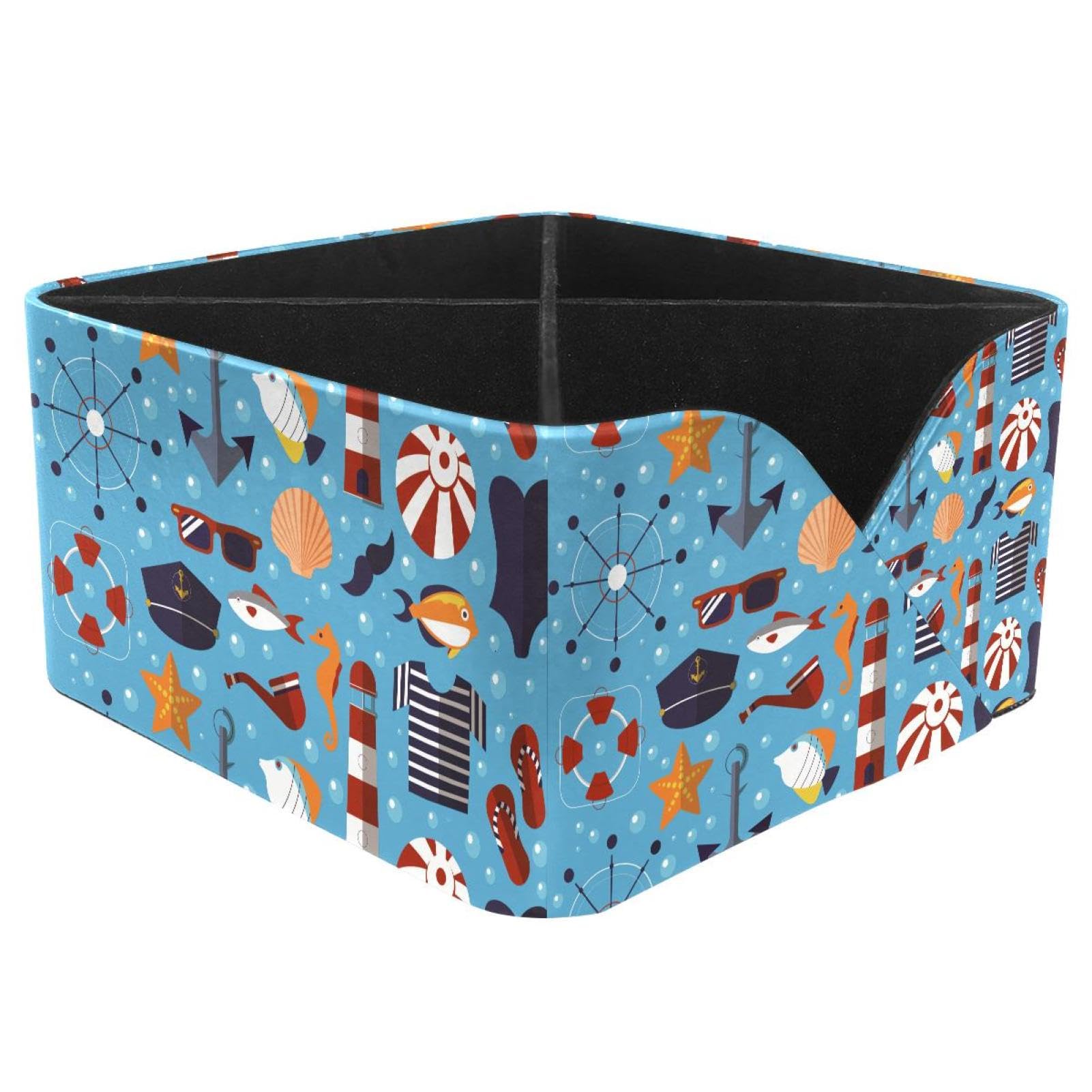 KengjuTesu Anchor Navy Seahorse Fish Pattern Desktop Organizer Pen Holder, Rectangular Pencil Cup for Office, Study and Makeup Stations
