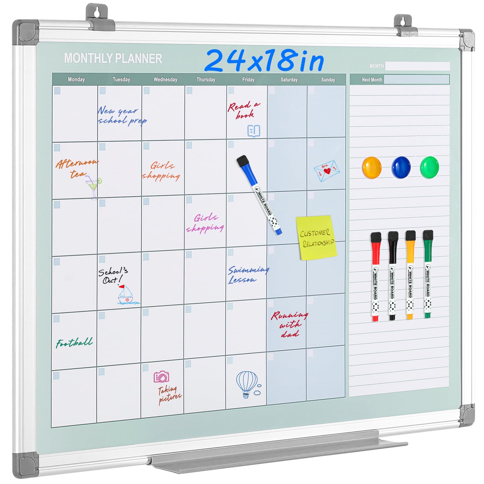 MAKELLO Dry Erase Calendar for Wall 24" x 18", White Board Calendar with Next Month for Office, Family, Kitchen and Bedroom