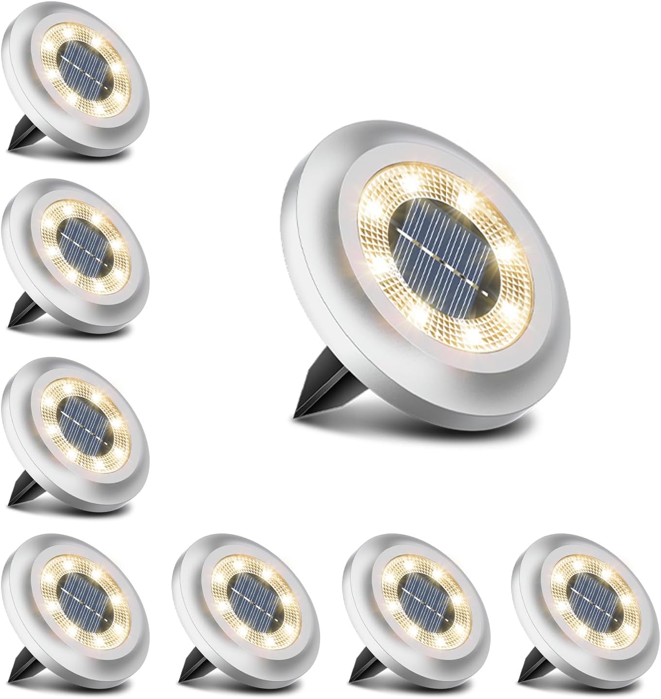 Torchtree Solar Lights Outdoor Garden,600mAh 8 LED Solar Disk Ground Lights for Garden Lawn Pathway Yard Landscape Walkway（8 Pack Warm White）