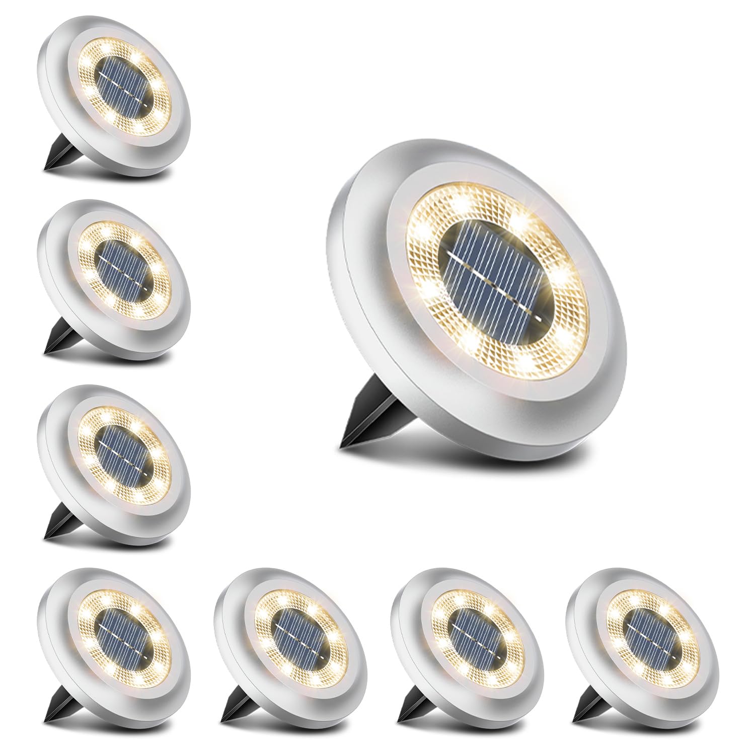 Torchtree Solar Lights Outdoor Garden,600mAh 8 LED Solar Disk Ground Lights for Garden Lawn Pathway Yard Landscape Walkway（8 Pack Warm White）