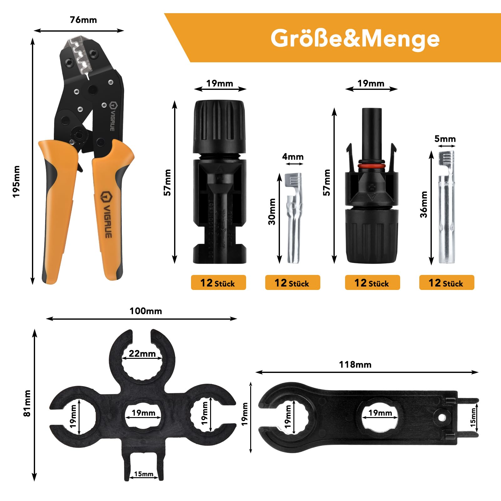 VIGRUE Wtyczka solarna mc4, zestaw szczypiec zaciskowych mc4, do paneli słonecznych 2,5/4/6 mm², kabla PV, męskie/żeńskich, do paneli słonecznych, wtyczka kablowa, IP68, wodoszczelna wtyczka PV ze