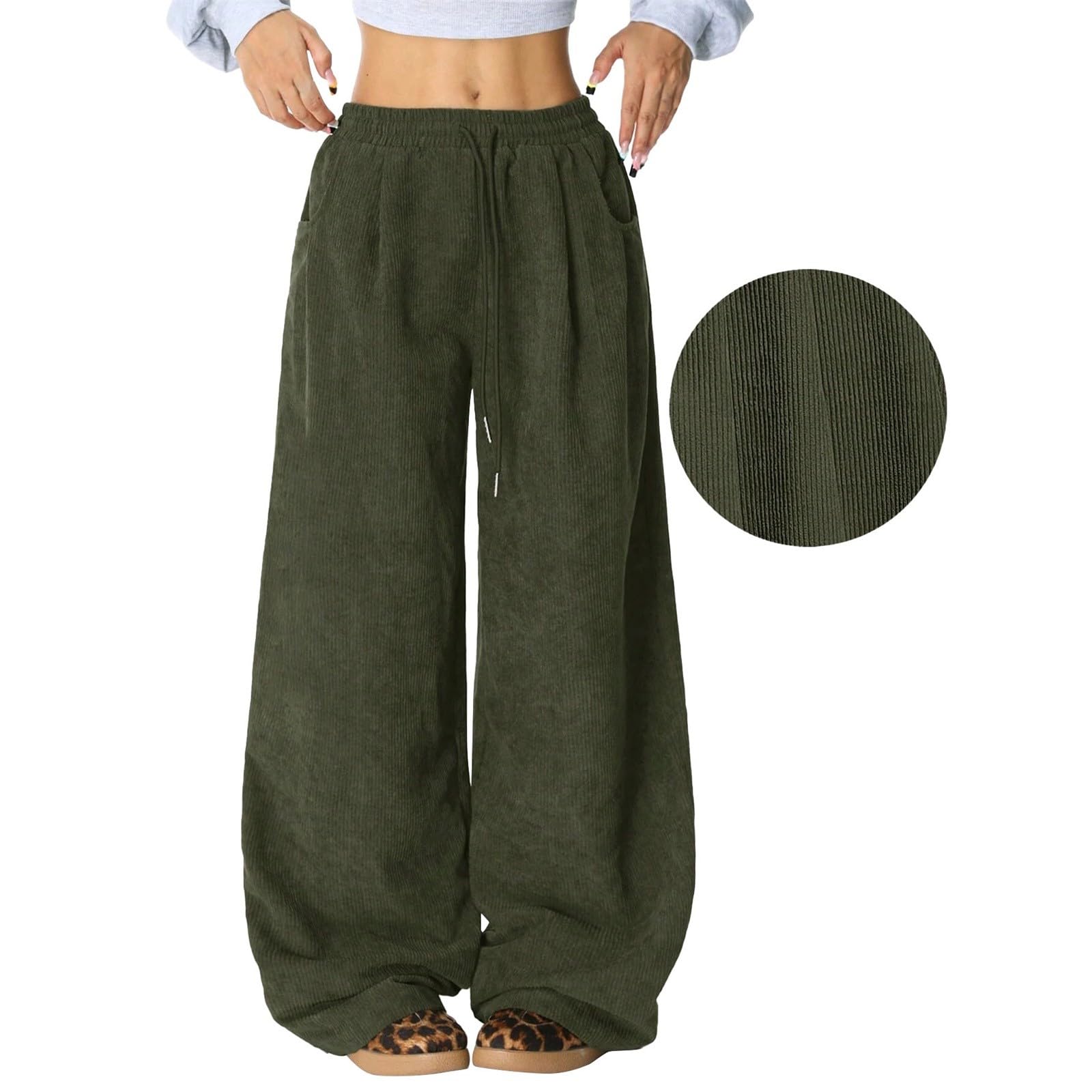 Generisch Pantaloni in velluto a coste da donna, a gamba larga, con elastico in vita alta, larga, per il tempo libero, vestibilità comoda, da donna, in tessuto con elastico in vita e tasche, casual
