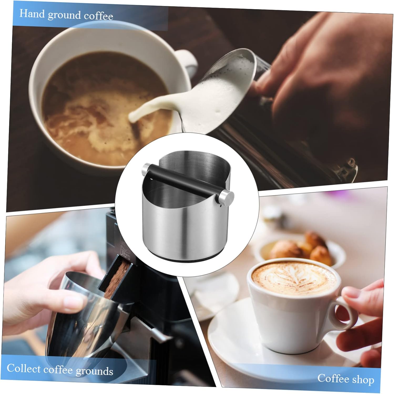 Stainless Steel Coffee Grounds Bin with Removable Knock Bar and Non-slip Pad Espresso Grind Container for Home Cafe and Restaurant Use