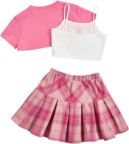 Verdusa Girl's 3 Piece Outfits Crop Cami Top and Plaid Print Pleated Skirt Set with Tee Top(Pink,12-13 Years)