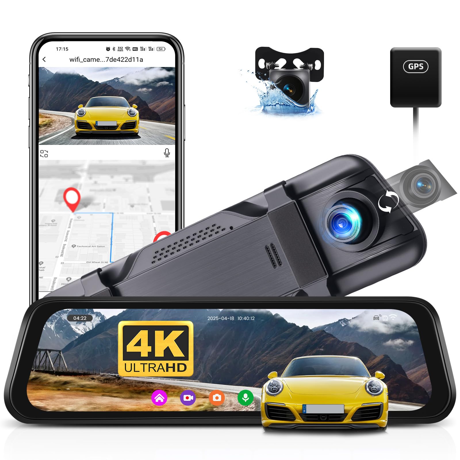 CAMECHO Retrovisor 4K 9.66 Pulgadas Mirror Dash CAM Coche con Cámara 1080P, Delantera 150° y Trasera Dashcam 120° con ADAS y BSD Línea Inversa, Visión Nocturna, Sensor G, GPS y WiFi