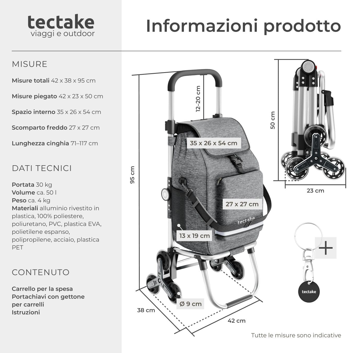 tectake® Carrello Spesa Shopper 3 in 1, Trolley Pieghevole con Borsa Termica per Surgelati, Carrello con Ruote Portatutto, Carrellino Spesa Con Ruote a Stella, Capacità max 30 kg / 56 L - Grigio