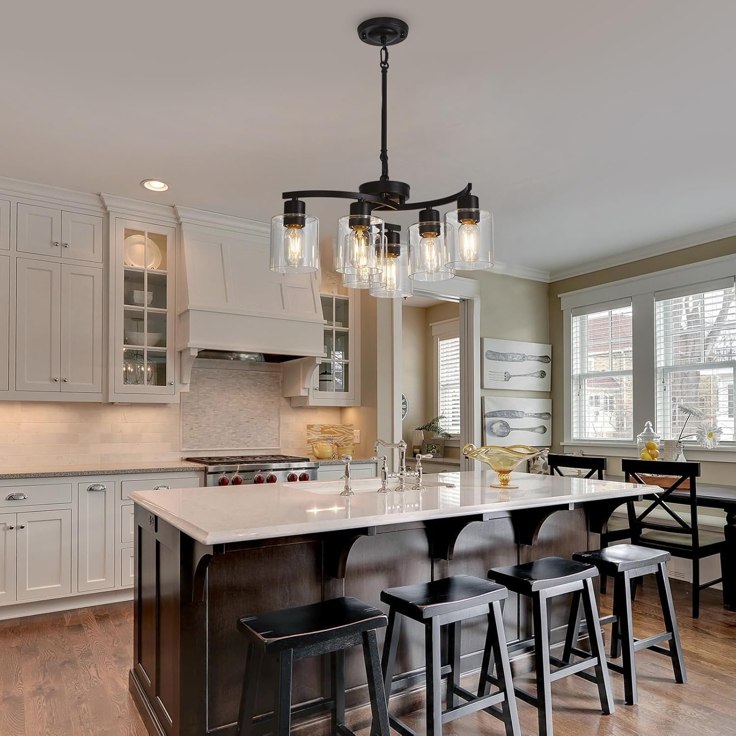 6 Light Contemporary Chandelier Black Modern Farmhouse Chandelier Hanging Lighting Fixtures Industrial Pendant Ceiling Light with Clear Glass Shade Ceiling Light Fixtures for Dining Room Living Room (See The picture for the color)