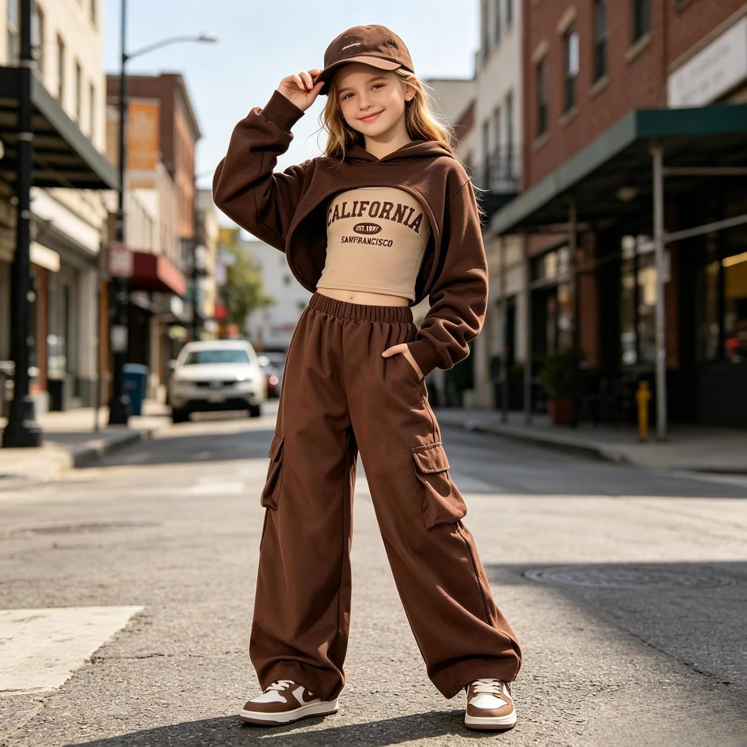 Girls Cute Clothes 3 Piece Cropped Hoodie + Cami Top + Cargo Pants Winter Spring Outfits for Teen Girls Size 7-14Y image 4