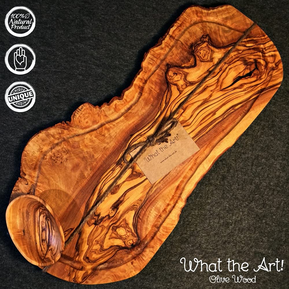 What the Art!® Olive Wood «Big Rustic» Gr. L | Olivenholz Schneidebrett + Dip-Schälchen | Handarbeit | ca. 46-49 x 20-26 x 2 cm | Käsebrett - Hackbrett - Tranchierbrett - Servierbrett