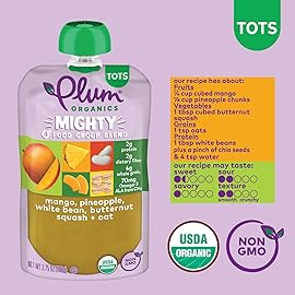 Plum Organics Mighty 4 Organic Toddler Food - Mango, Pineapple, White Bean, Butternut Squash, and Oat - 3.75 oz Pouch (Pack of 12) - Organic Fruit and Vegetable Toddler Food Pouch