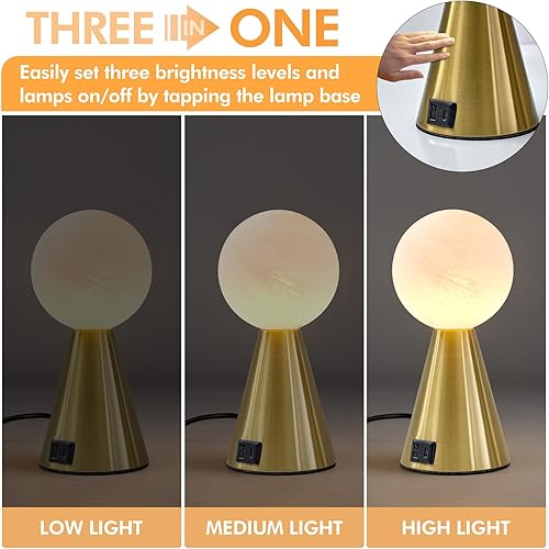 Miniatura 9 de Lámpara de mesa pequeña dorada para dormitorio con puertos USB A+C, modernas lámparas de noche para mesitas de noche, lámparas táctiles regulables