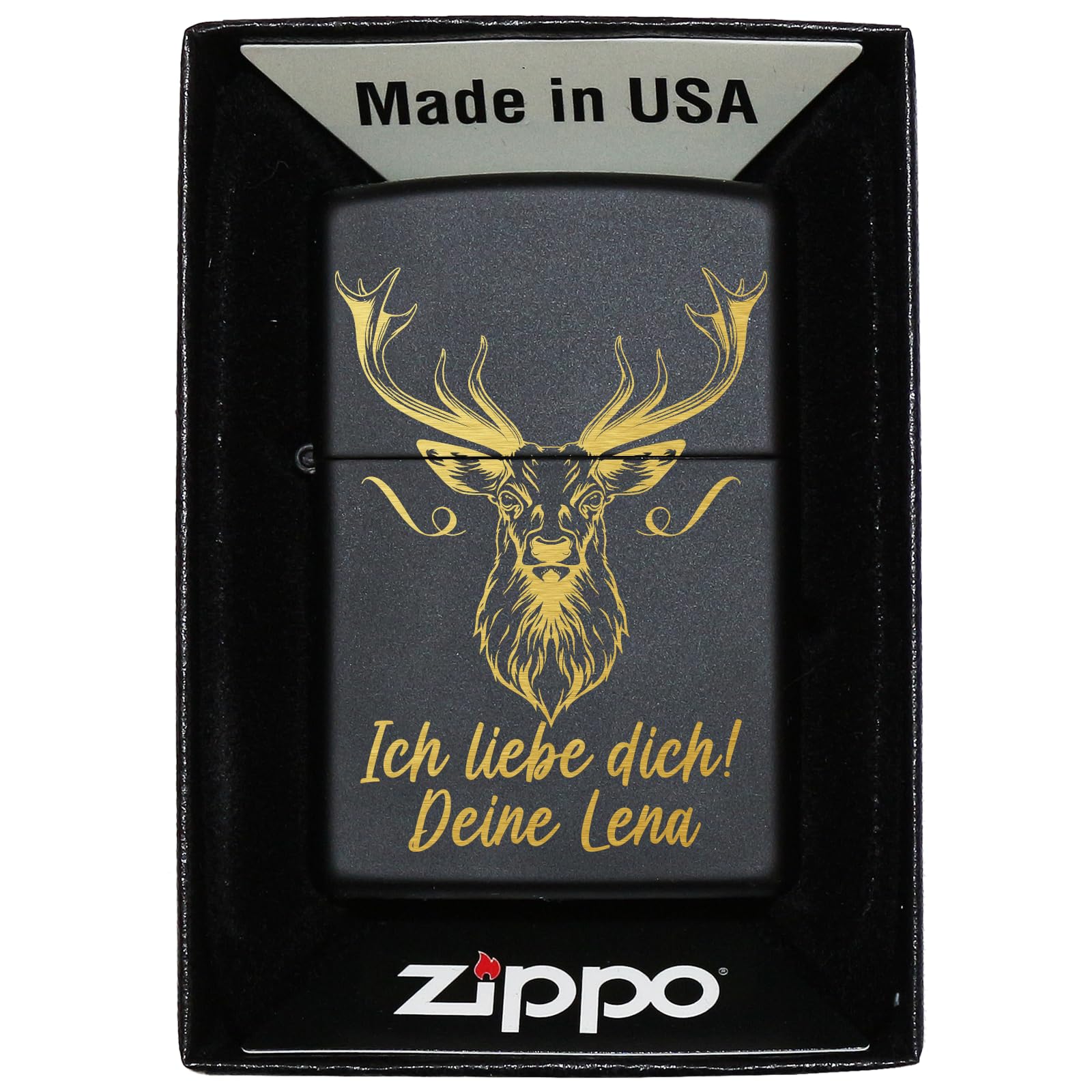 Jeleń Zippo zapalniczka z grawerunkiem spersonalizowana | prezent dla myśliwych i myśliwych Zippo z pudełkiem na prezent, benzyną i krzesiwem