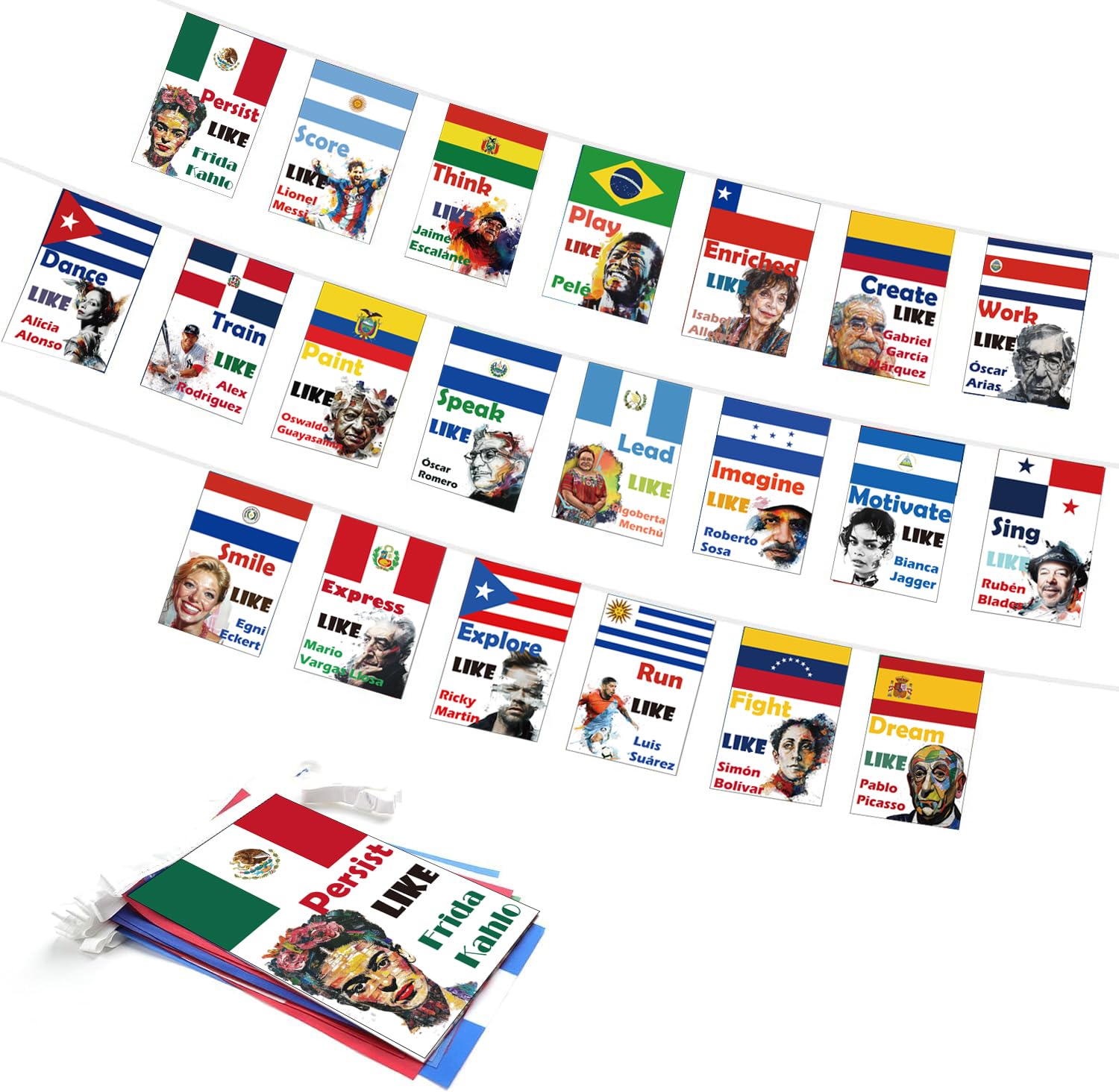 1step2drean Hispanic Heritage Month String Flags | 21 Artistic Portraits of Iconic Figures on National Flags | Motivational Decorations for School,Party