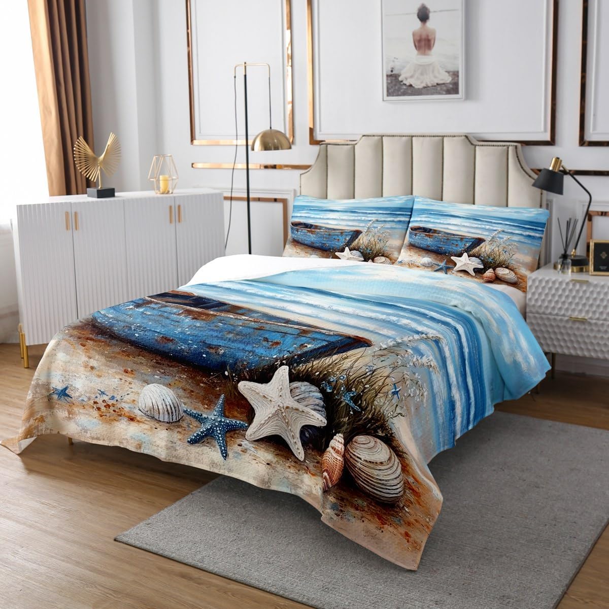 Erosebridal Blue Ocean Quilt Set Queen Summer Coastal Coverlet Set,Vintage Retro Boat Bedspreads Blue Island Scenery Bedding Sets Bedroom Decor