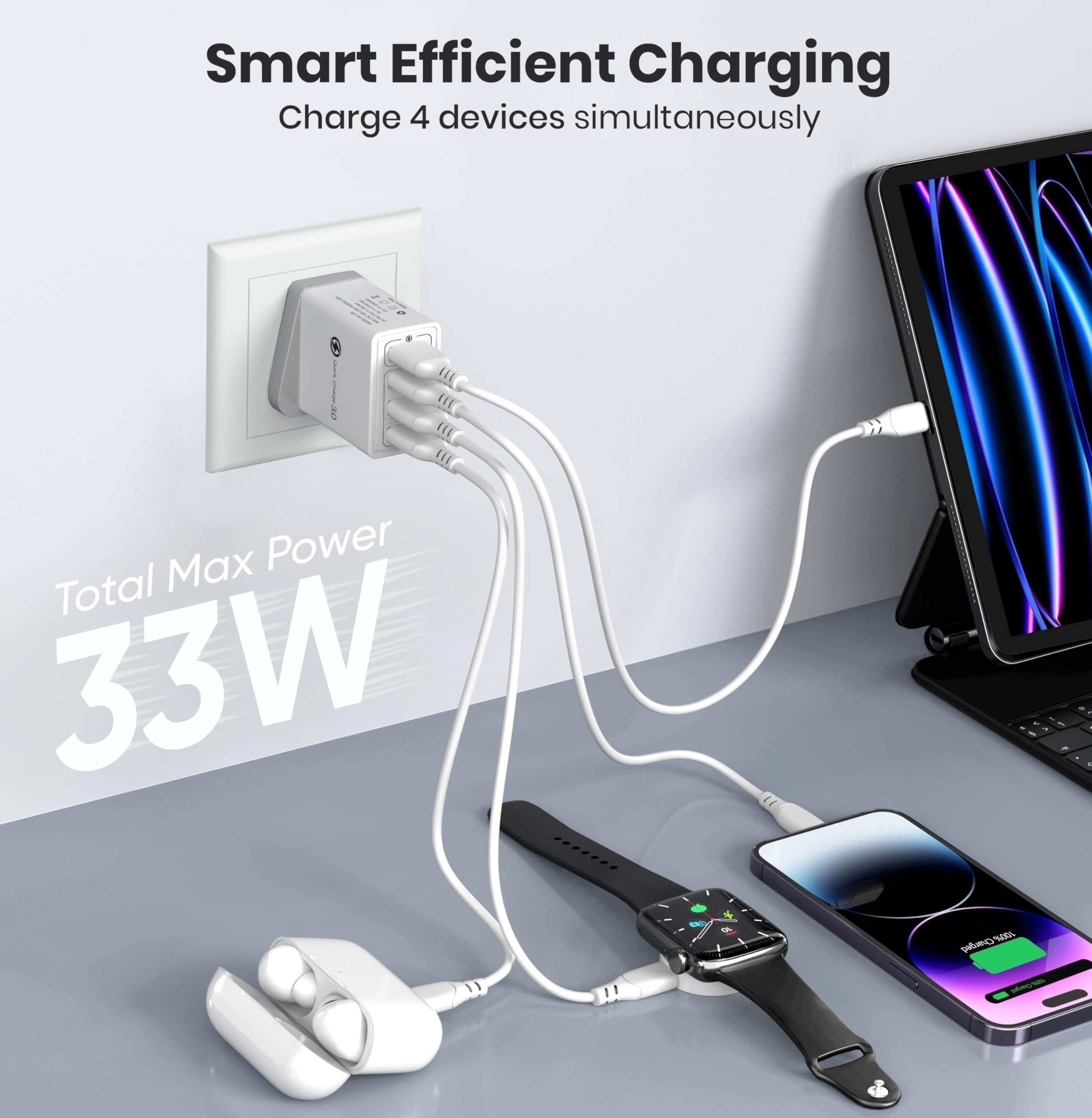 Fast Charger Plug USB Charger – Ultra Fast 4 Port Multi USB Plug Adaptor UK – 33W Quick Charge 3.0 Wall Charger Adapter Plug UK – Phone Charger Plug Fast Charging for iPhone, Samsung, iPad and more — view 3