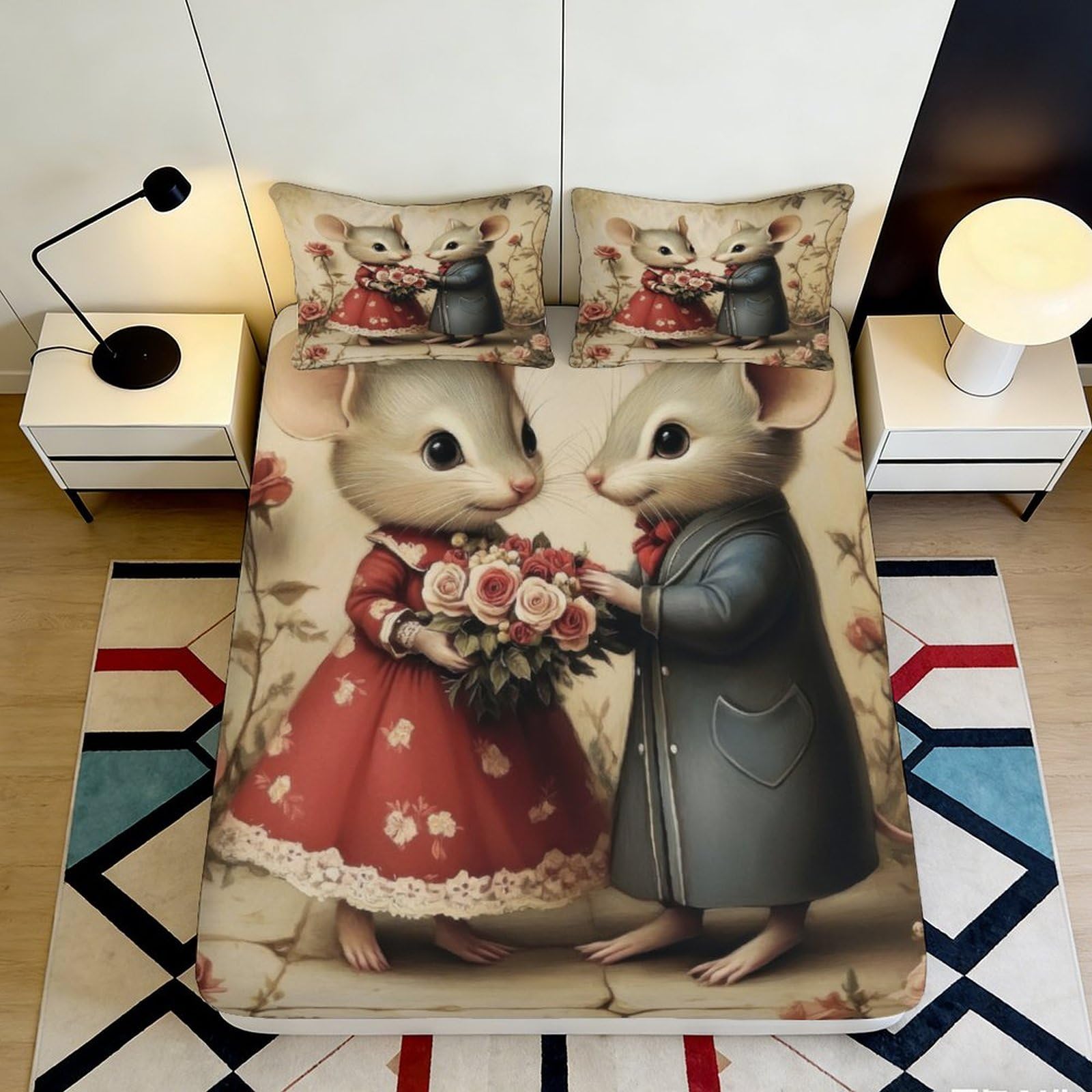 3D Printed Cartoon Mouse Fitted Sheet Microfiber Soft Washable Romantic Couple Bed Cover for Bedroom Dorm Decor 90x200x25cm