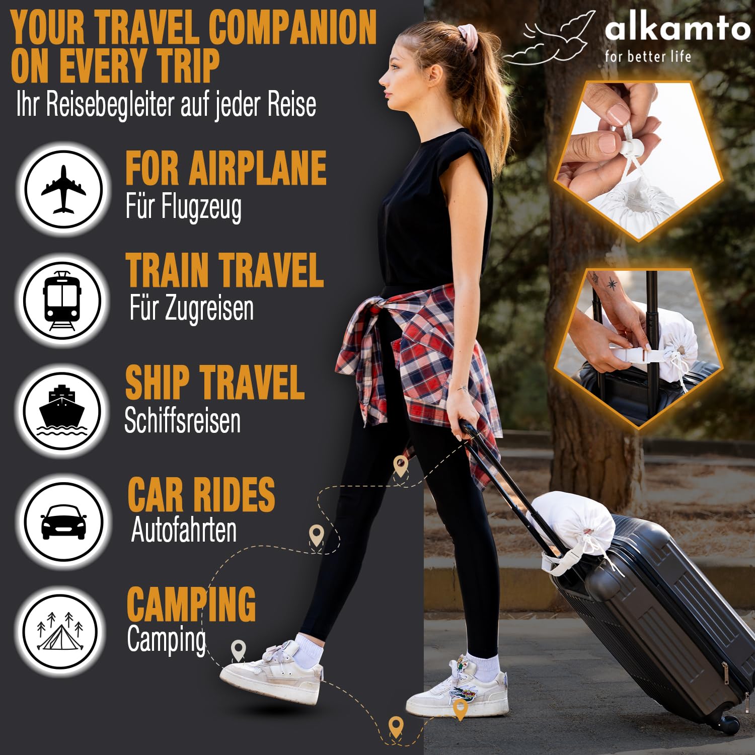 alkamto Cuscino da Viaggio Cuscino da Campeggio – Memory Foam con Federa in Cotone Extra – Borsa Inclusa (40x25x10 cm Rosa)