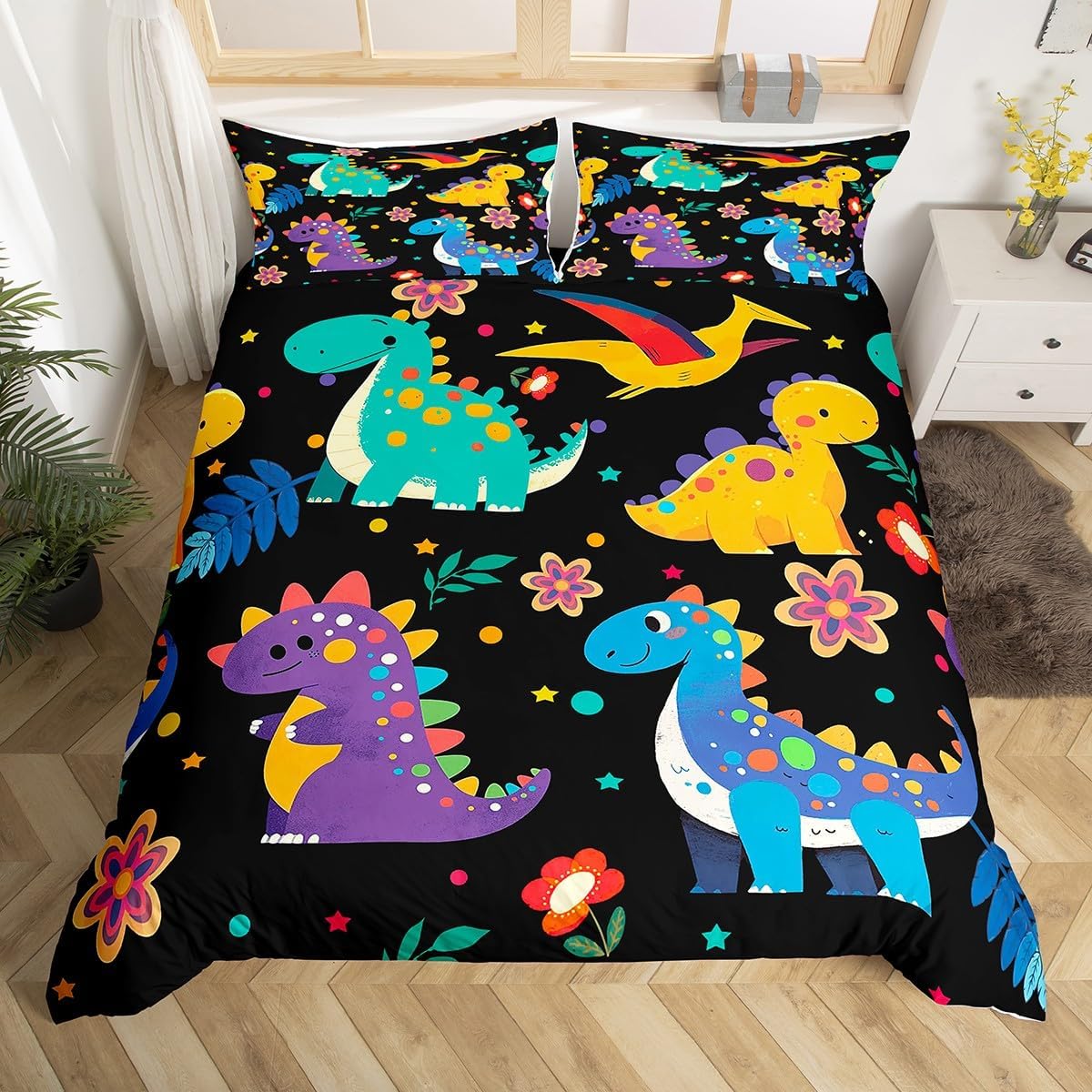 Castle Fairy Dinosaur Duvet Cover Set Toddler Size,Jungle Dino Animals Tropical Plants Bedding Set(No Comforter),Mermaid Scales Quilt Cover for Kids Bedroom Decor,2 Pcs