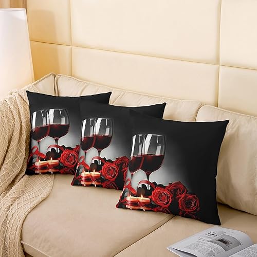 Miniatura 4 de Fundas de almohada de copa de vino rosa, fundas de almohada rojas y negras, fundas de cojín con flores florales de 18 x 18 pulgadas, juego de 2