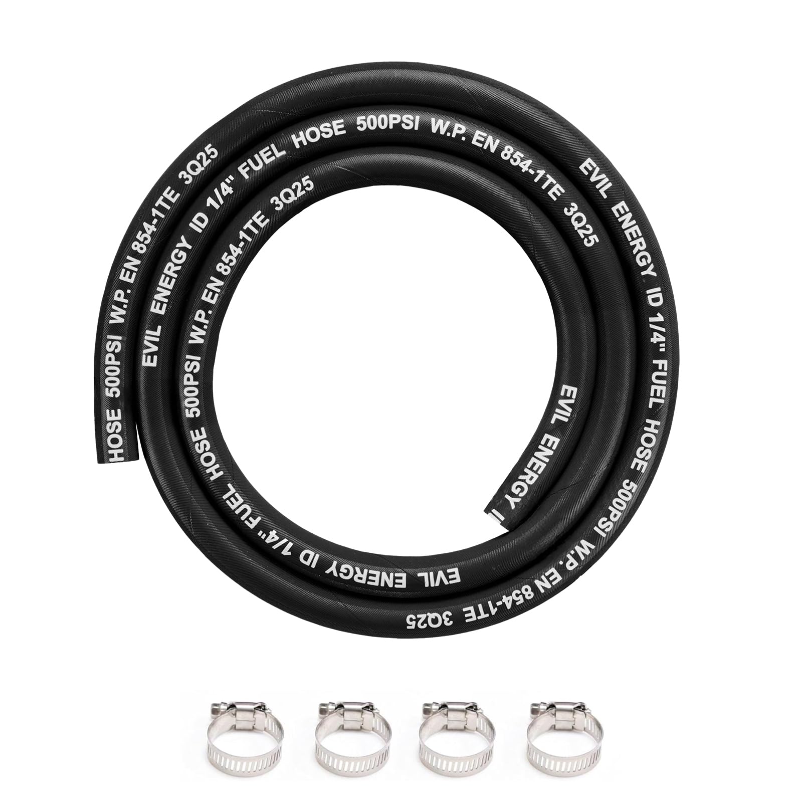 EVIL ENERGY 1/4" High Pressure Fuel Line Hose 5FT 500PSI E85 for Fuel Systems Engines NBR Rubber EN854-1TE Black