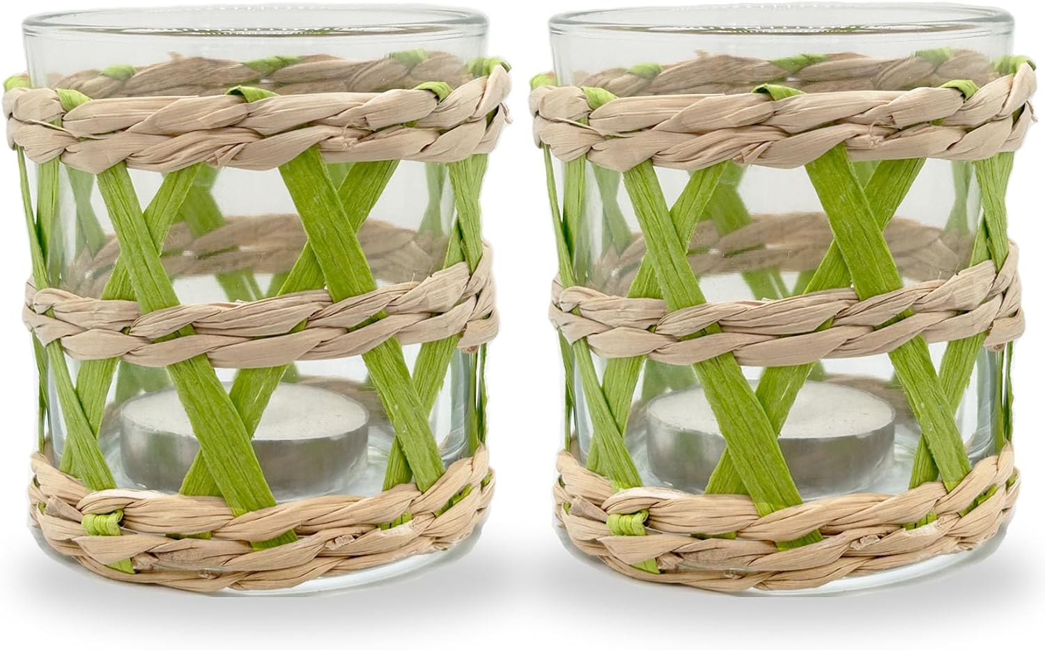Natural Rattan Woven Tea Light Candle Holders (Set Of 2) | Handmade Seagrass Votive Holders With Glass Cups, 3" Diameter - View #11