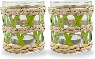 Rattan Woven Tea Light Candle Holder, Pack 2 Seagrass Hand Woven Green & Brown Votive Tealight Candle Holder Glass Hurricane, Indoor Outdoor, for Home Dining Table Holiday Decor