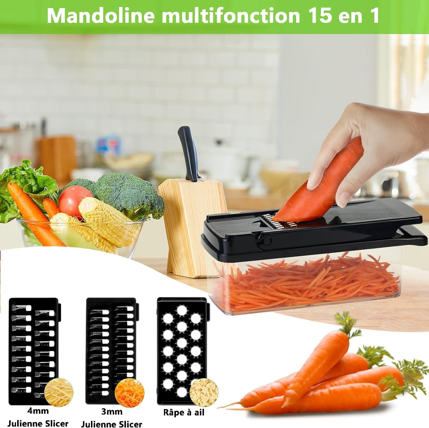 Mandoline De Cuisine 15 En 1 – Coupe-Légumes, Râpe, Trancheuse – 7 Lames Inox + Récipient 1,5L – Sécurité Avec Protège-Main