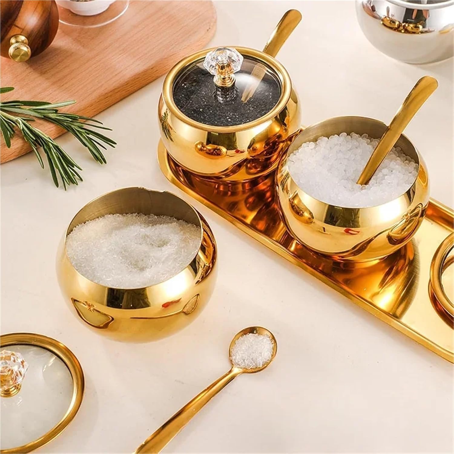 Gold Sugar Bowl Household Kitchen Condiment Pots for Serving Sugar Pepper Salt Spice Stainless Steel Sugar Bowl with Lid & Spoon(3pcs-Gold)