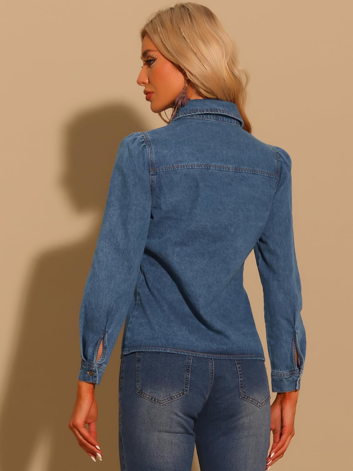 Allegra K Casual Denim Shirt for Women's Button Down Puff Long Sleeves Jean Blouse - Image 3