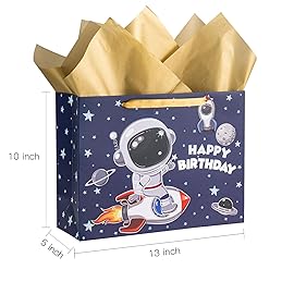 Loveinside Birthday Gift Bag for Boys, Medium Bag with Tissue Paper, Greeting Card and Tag, Blue Outer Space Party Rocket Planet Design for Kids\' Birthday, Theme Party and More, 13 x 5 x 10, 1 Pcs