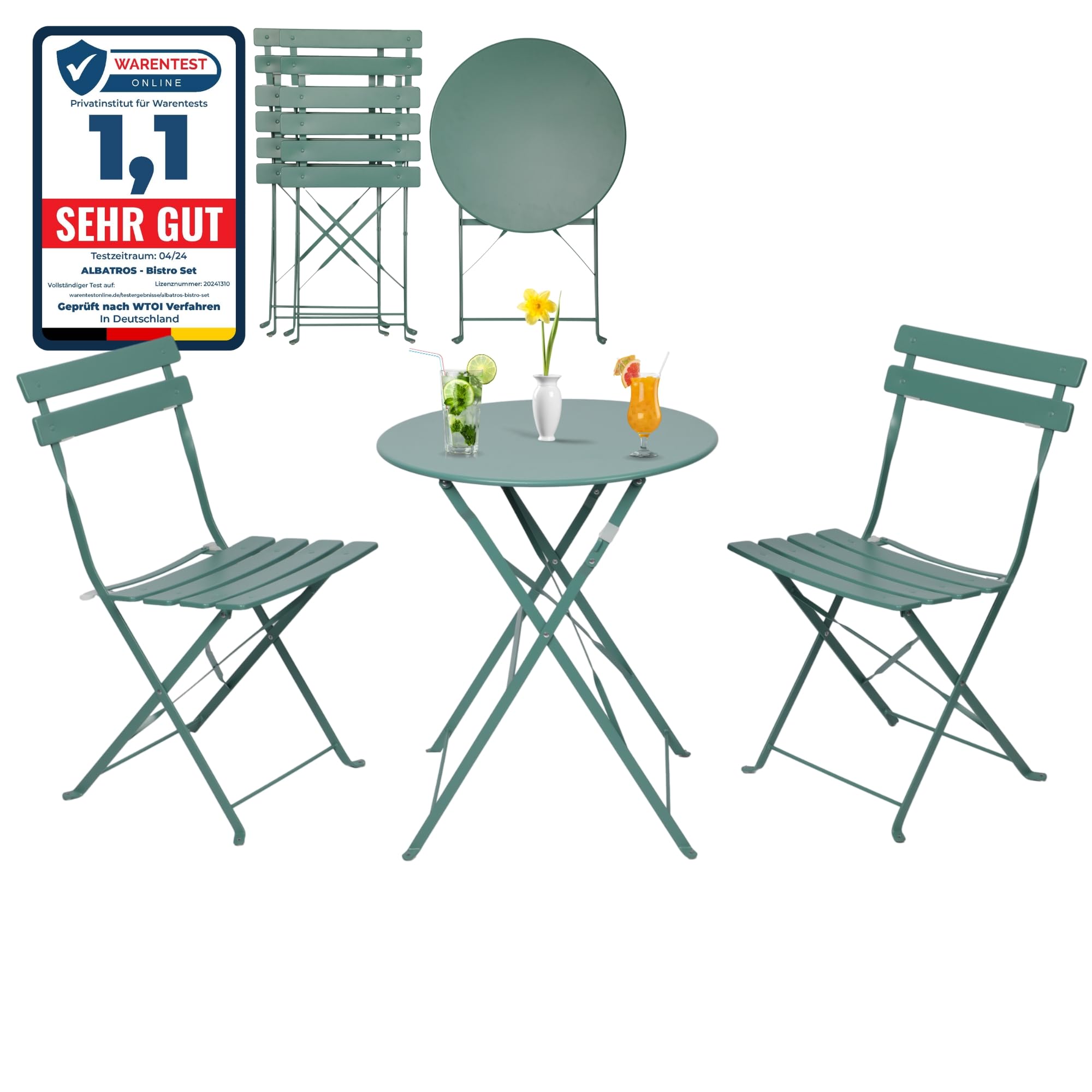 ALBATROS Set da bistrot 3 pezzi verde – tavolo da bistrot con 2 sedie – sedie pieghevoli e tavolo in metallo robusto – ideale come set di mobili da balcone o mobili da giardino dal design moderno