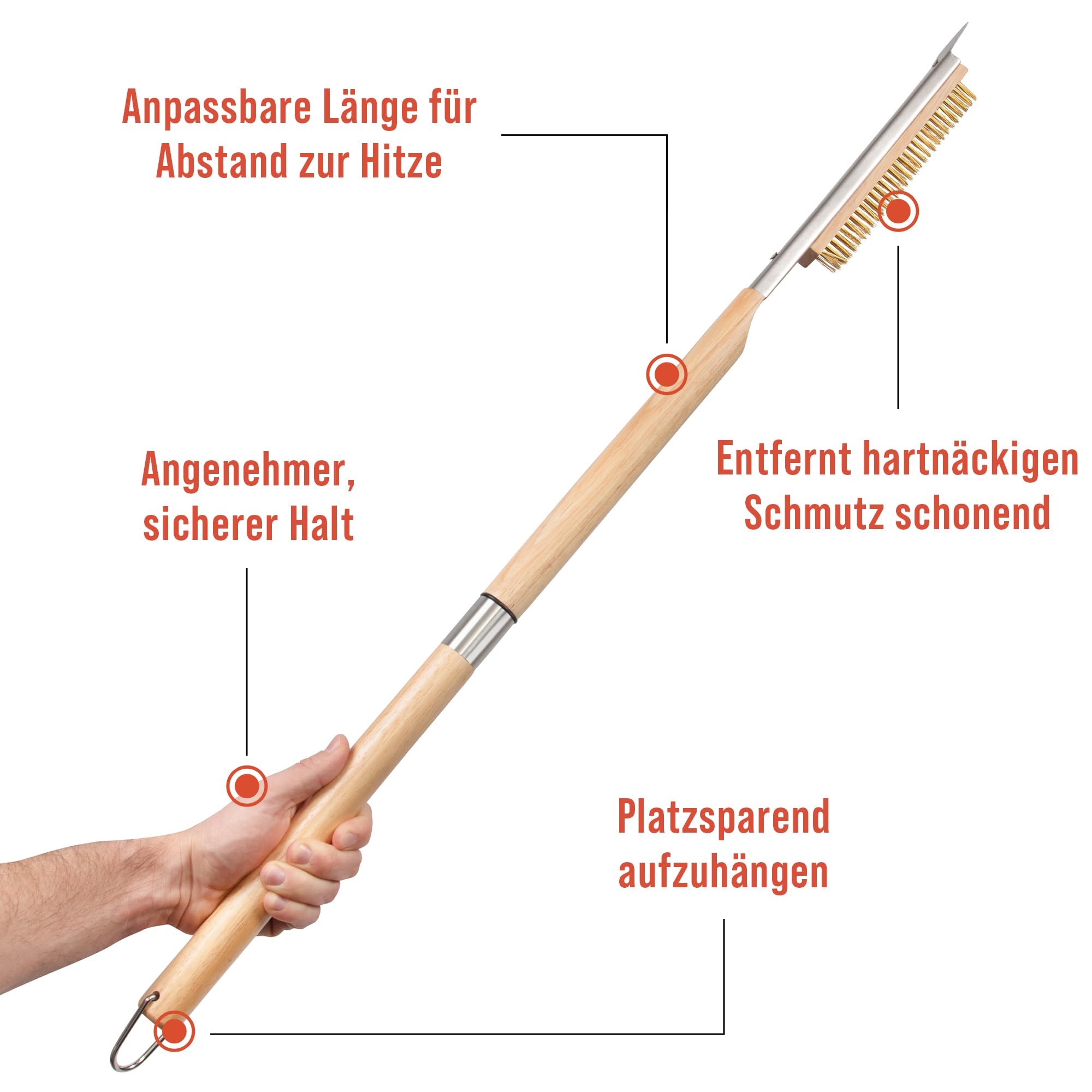 Chef Pomodoro Pizzaofen-Bürste mit Schaber – Verstellbarer Griff (55cm bis 87.7cm), Pizzastein-Bürste, Reinigungsbürste für Pizzaöfen, Outdoor-Pizzaöfen, BBQ-Grills und Öfen