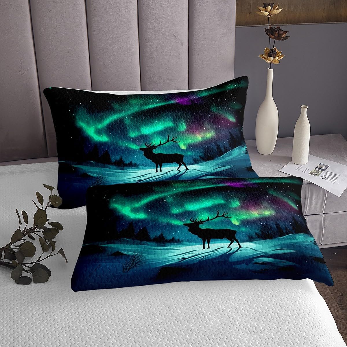 Erosebridal Aurora Deer Quilt Set King Size,Northern Lights Bedding Set for Kids Adults,Farmhouse Cabin Deer Bedspread Set Starry Night Nature Coverlet Set with 2 Pillowshams Room Decor