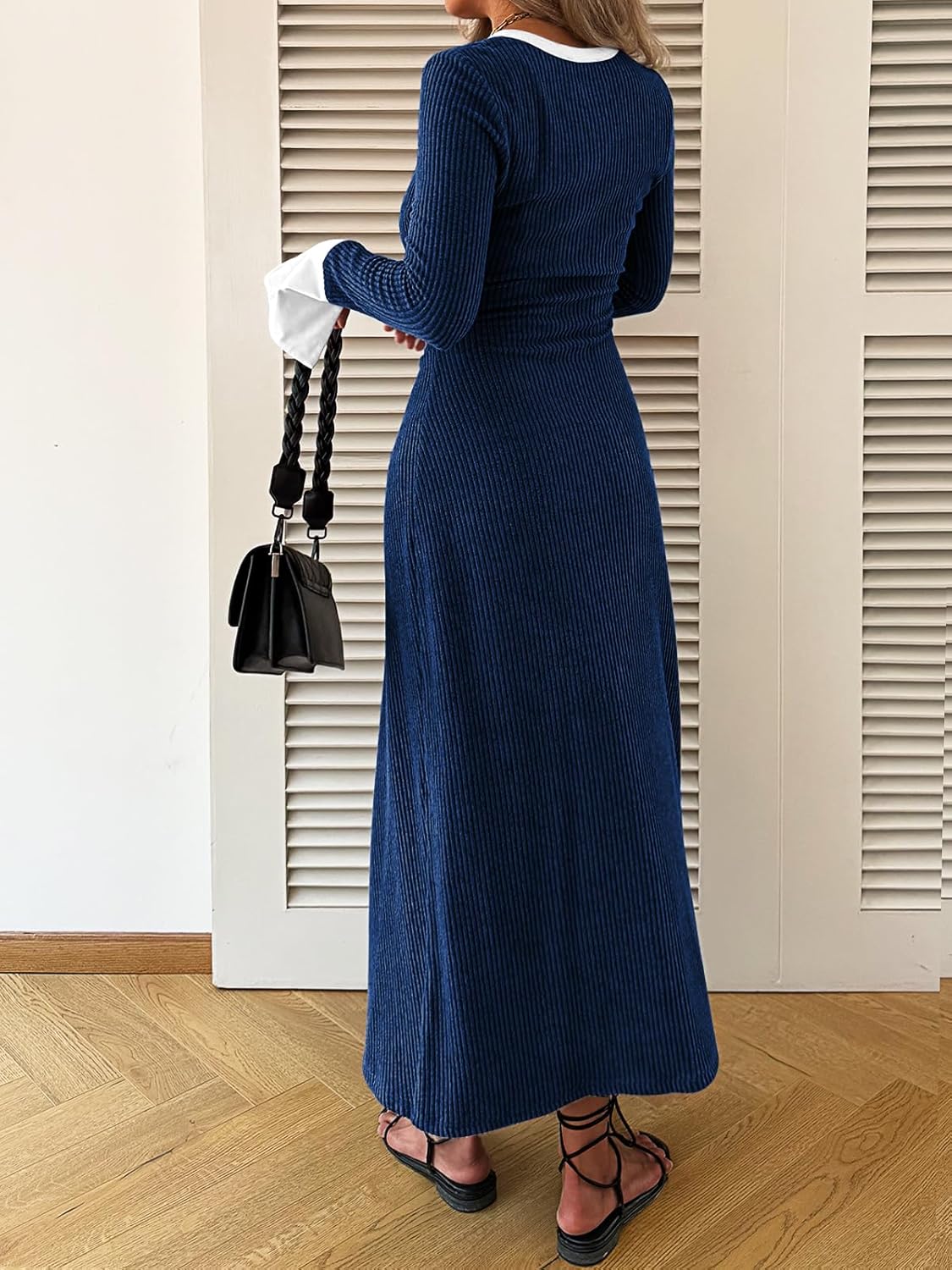 Womens Sweater Dress V Neck Ribbed Maxi Dress Long Bell Sleeves Button Down Slim Fit Bodycon Casual Knit Dress - Image 5
