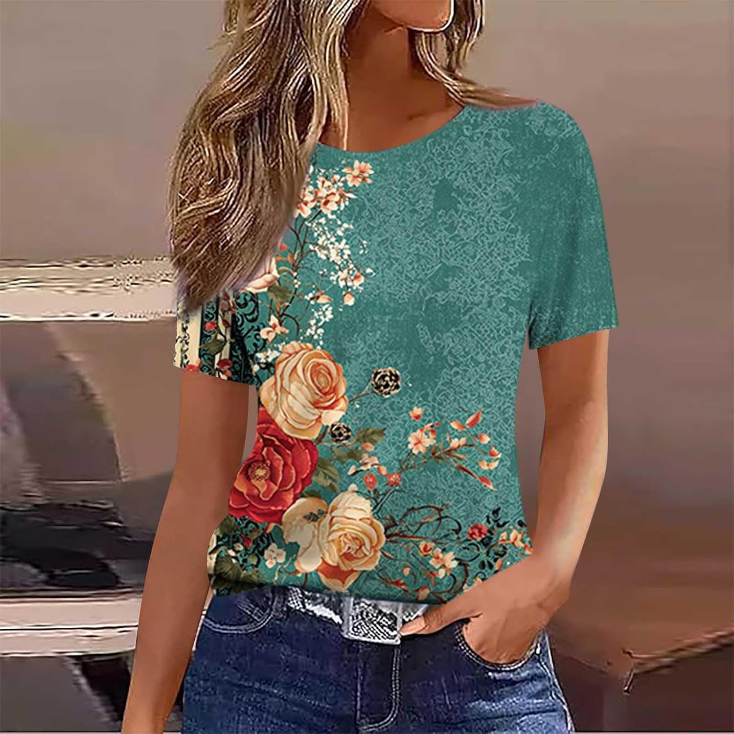 Womens Summer Tops Crew Neck Short Sleeve Floral Printed T Shirts Dressy Casual Tees Blouses Loose Fit Outfits