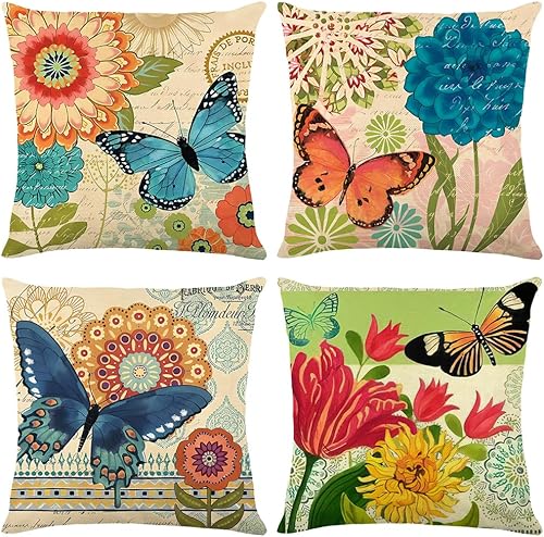 wyooxoo Juego de 4 fundas de almohada de primavera y verano de 16 x 16 pulgadas, fundas de almohada decorativas de lino con flores y mariposas para