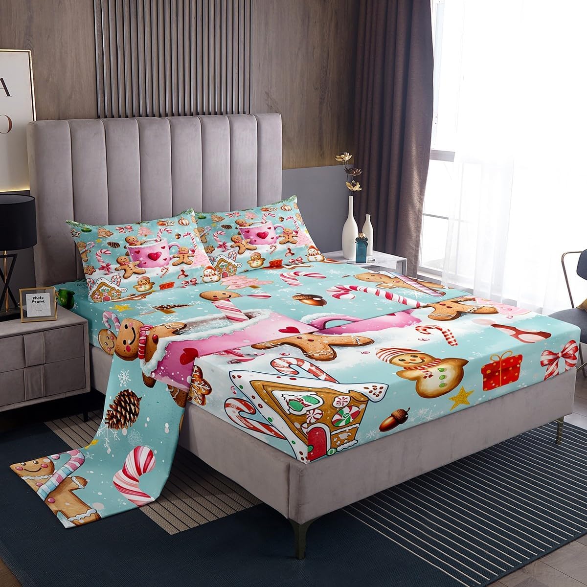 Cute Gingerbread Man Bed Sheet Set Full,Winter Christmas Candy Coffee Gift Bedding Sets for Bedroom Decor,Kawaii Gingerbread House Winter Snow Fitted Sheet + Flat Sheet + 2 Pillow Cases