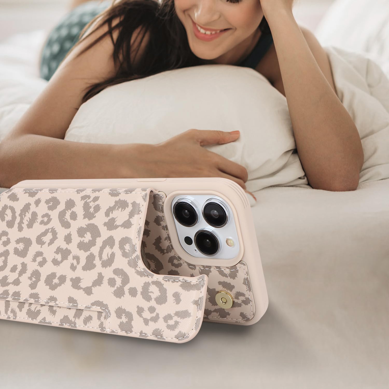 iCoverCase Compatible with iPhone 13 Pro Case with Card Holder, Wallet Phone Case for Women Men RFID Blocking PU Leather Protective Case 6.1 Inch (Beige Leopard) - Image 5