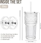 SoulTimes 20oz Côtes & Ensemble de tumbler en verre floral 2 – Coupes en verre réutilisables avec limon et paille de verre, tasses de café glacées pour l'eau, smoothie, lait, cocktail & Plus – Parfait pour une utilisation quotidienne & Voyages