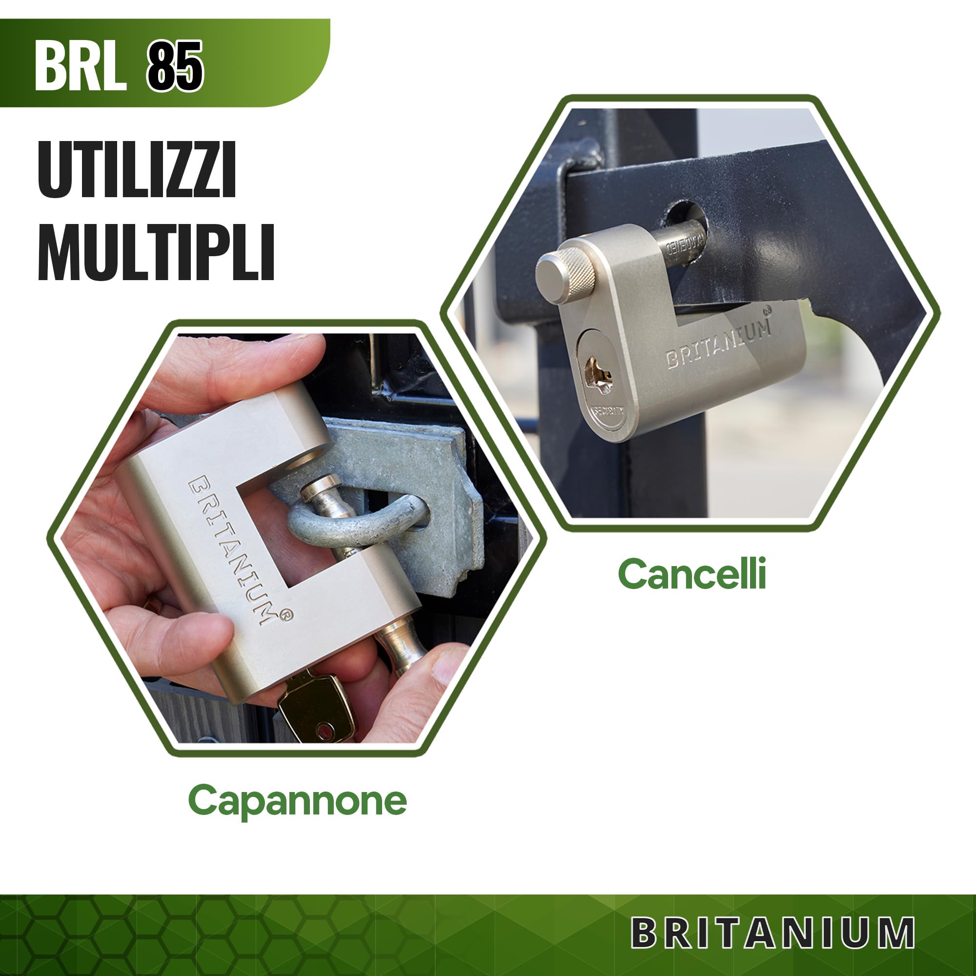 BRL85 Lucchetto Antiscasso Corazzato - Serratura per Cancello Esterno, Garage e Container - Lucchetto Monoblocco con 10 Chiavi, Alta Sicurezza per Magazzino e Saracinesca Blindata