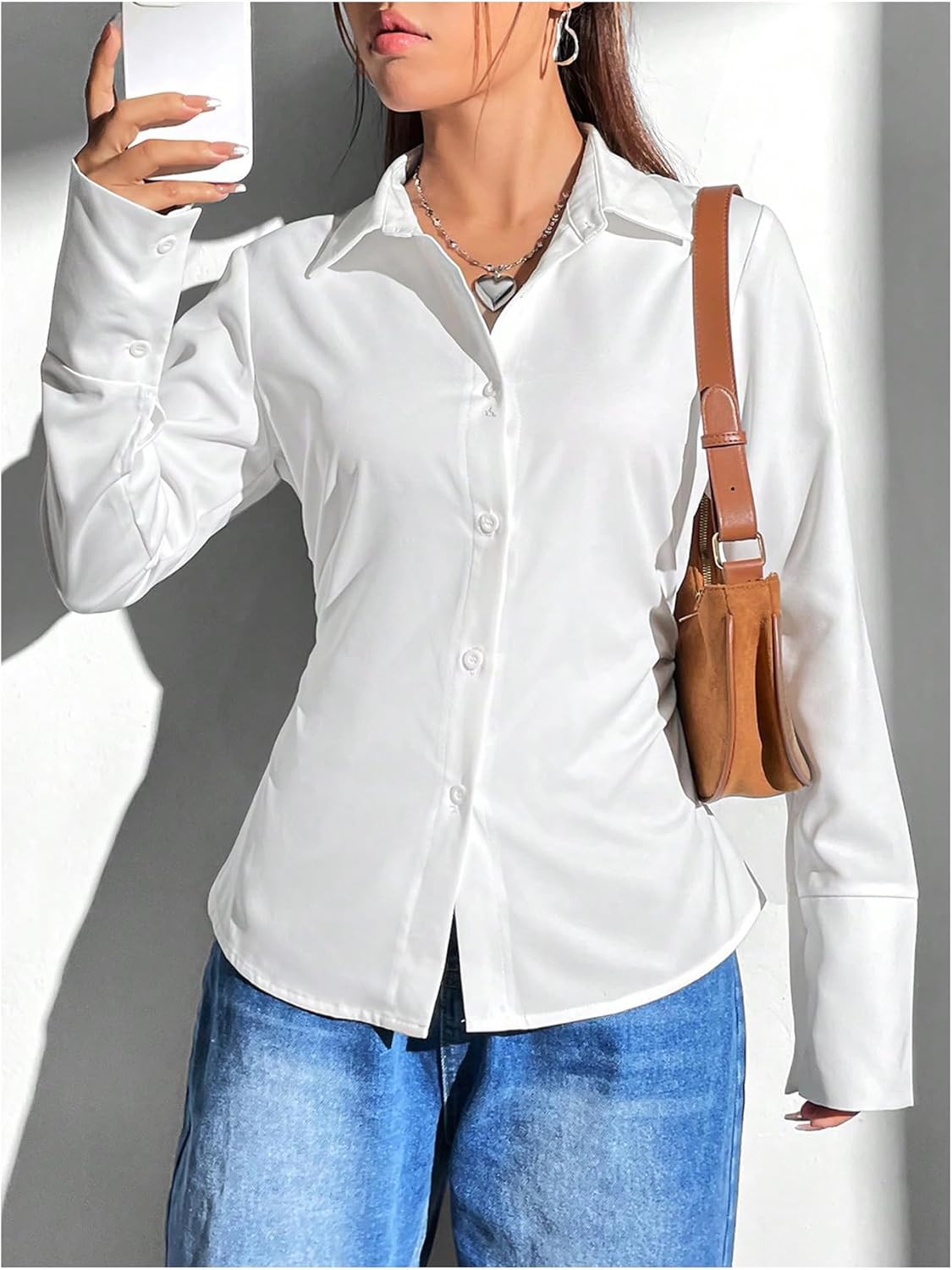 WDIRARA Women's Long Sleeve Button Down Shirts Ruched Work Office Blouse Dressy Tops - Image 5