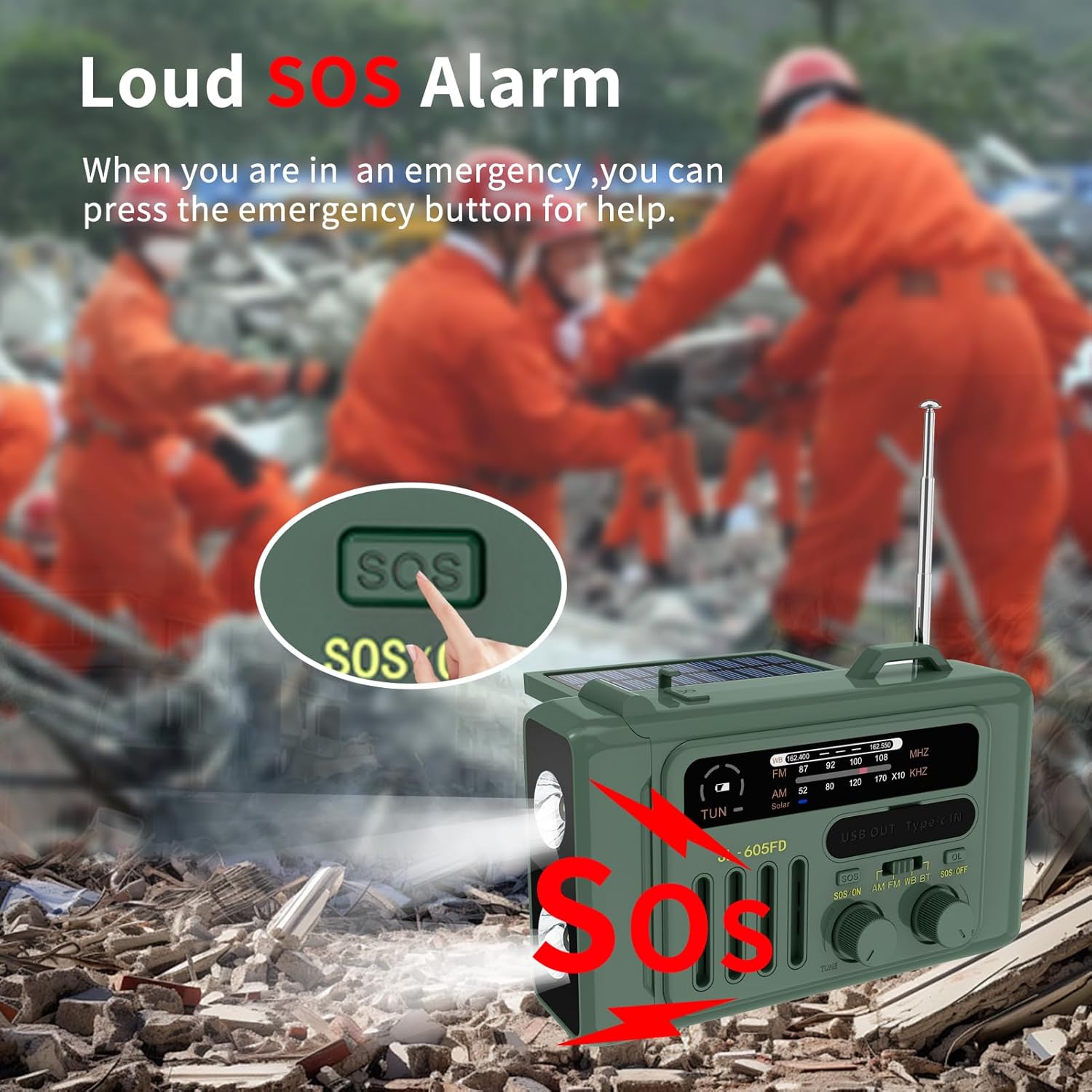 Solar Hand Crank Emergency Radio,NOAA/AM/FM with LED Flashlight & Reading Lamp,USB Type-C/Solar/Hand Crank Charging,Bluetooth Speaker,SOS Alarm&Compass for Camping Indoor Outdoor Emergencies (Green)